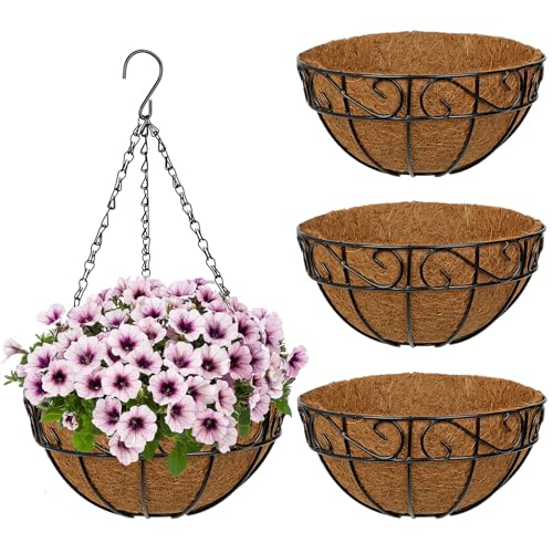 4 Pack 10 inch Metal Hanging Baskets for Plants, Round Metal Wire Hanging Basket Planter with Coco Fiber Liners Chain for Garden Home Porch Patio, Flower Border - size: 10" x 4 Pack, style: Flower Border