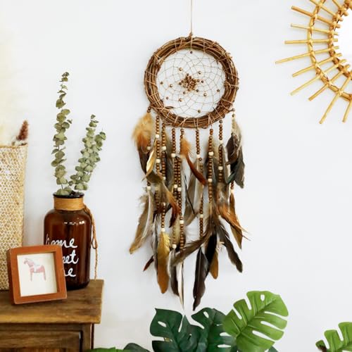 Dream Catcher Native American Boho Dreamcatcher Rattan Wall Decor, Handmade Natural Goose Feathers Brown Golden Beaded Hanging Ornament Indian Decor for Bedroom Living Room (Dark Brown) - color: Dark Brown