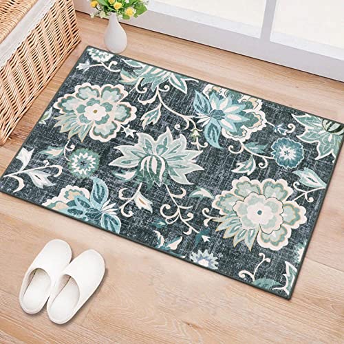Beeiva Floral Entry Rugs for Inside House,2x3 Non Slip Washable Kitchen Rug Front Door Mat, Ultra Thin Doormat Non-Shedding Throw Carpet for Bedroom Bathroom (Blue,2'x3') - color: Blue, size: 2' x 3' (Rectangular)