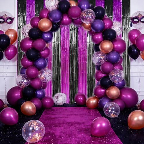TONIFUL Black Hot Pink Door Streamers,Black and Pink Photo Booth Backdrop Metallic Streamers Foil Fringe Curtain for Birthday,New Year,Graduation,Grad,Baby Shower Party Streamers Decoration - color: Black Rose Red