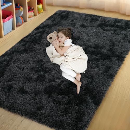 qulint 4x6 Area Rug for Bedroom, Fluffy Soft Shag Rugs for Living Room Small Fuzzy Black Grey Alfombras for Nursery, Plush Shaggy Carpet for Boy and Girl Home Decor (4ft x 6ft, Tie-Dyed Black Gray) - color: Blackgrey, size: 4' x 6' (Rectangular)