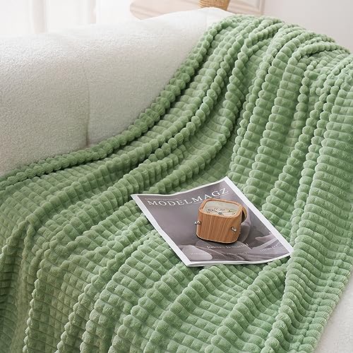 Puncuntex Flannel Fleece Throw Blanket Sage Green 50"×60",Super Soft Plush Cozy Blanket with Square Grid Design Luxury for Couch Sofa Chair - color: Sage Green, size: 50"×60"
