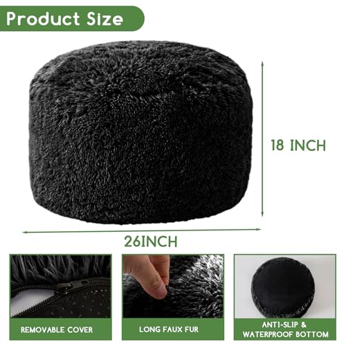 HIGOGOGO Round Stuffed Pouf Ottoman, Long Faux Fur Poufs with Foam Chunk Filling, Fluffy and Furry Pouf Foot Stool Storage Ottoman, 26 X 18 Floor Poufs Foot Rest for Living Room, Black - color: Black, size: 26"D x 26"W x 18"H