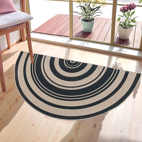 Easy Jute Rug 2.6x5Ft Half Round Rainbow Carpet for Farmhouse Bedroom Entrance, Non-Slip Half Circle Thin Neutral Floor Mat for Living Room Patio Kids Room Kitchen, Indoor Outdoor, Black 1 - color: Black 1, size: 2.6'x5'