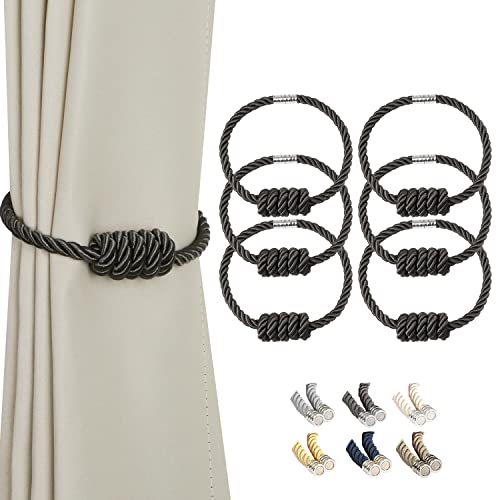 BEL AVENIR Magnetic Curtain Tiebacks, Decorative Drapery Holdbacks Modern Woven Tie-Backs with Exquisite Knot (Charcoal, 6 Pack) - color: Charcoal, size: 6 Pack