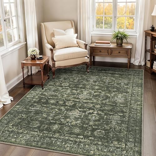 4x5 Green Washable Area Rugs for Living Room Vintage Boho Non Slip Rug Distressed Floral Carpet Indoor Retro Soft Low Pile Farmhouse Throw Rug for Bedroom Dining Room Nursery Office - color: Dark Green, size: 4' x 5' (Rectangular)