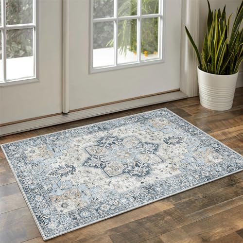 GENIMO 29"x17" Area Rugs for Living Room, Machine Washable Non Slip Vintage Rugs, Low Pile Soft Chenille Print Rug for Bedroom, Dining Room, Home Office, Blue - color: Blue&gold, size: 1'5'' x 2'5'' (Rectangular)