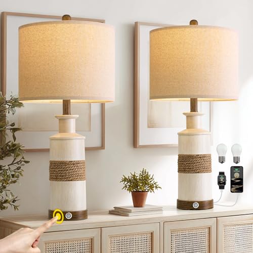 BOBOMOMO 24.5" Farmhouse Boho Table Lamps Set of 2, Hand-Woven Rattan Bedside Lamps with 3-Way Dimmable Touch Control & USB A+C Ports, Nightstand Lamp for Bedroom, Living Room, Corner (Bulbs Included) - size: 24.25"