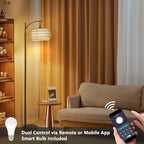 Arc Floor Lamp with Remote Control, Dimmable LED Floor Lamp with 3 Color Temperature, Black Standing Lamp with Rattan & Fabric Double Drum Shade, Boho Farmhouse Tall Pole Lamp for Living Room Bedroom - style: Bohemian