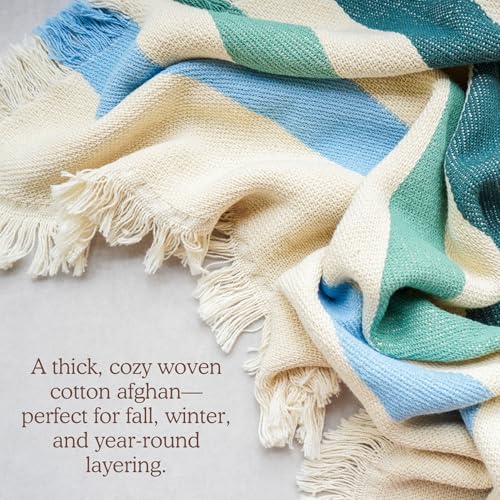 Blue Ridge Striped Afghan Throw Blanket | Thick & Cozy | Cotton USA Made (73x48) - color: Blue Ridge