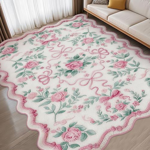 Drydiet Rug Boho Area Rugs 4'x6' Cute Sweet Scalloped Throw Rugs Aesthetic Soft Bedroom Carpet for Living Room Dining Playroom Nursery Family Indoor Dorm (Vintage Bow) - style: Vintage Bow