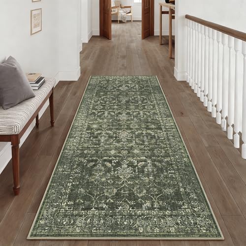 3x7 Green Runner Rug Hallway Washable Area Rugs Kitchen Vintage Boho Non Slip Long Rug Floral Carpet Indoor Retro Soft Low Pile Throw Rug for Bedroom Bathroom Laundry Dining Living Room Office - color: Dark Green, size: 3' × 7' (Runner)
