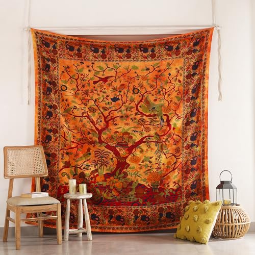 Popular Handicrafts Tapestry Wall Hanging Hippie Tree of Life Bohemian Hippy Psychedelic Intricate Floral Design Indian Tapestries Bedspread 90x84 Inches,(230cm x 215cm) Orange - color: Orange, size: 90"L x 84"W