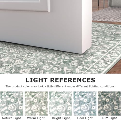 Vintage Washable 2x5 Rug Runner, Sage Green Grey Runners for hallways, Super Soft Kitchen Runner Rug Non Slip, Printed Faux Wool Floral Thin Carpet Runner for Entryway Laundry Room Bedroom - color: Grey With Light Sage Green, size: 2' x 5' (Runner)