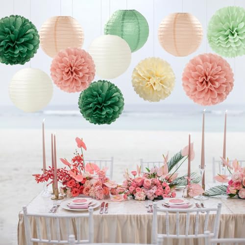 Sage-Green Pink Party-Decorations Paper-Flowers Lanterns - 15PCS Birthday Boho Rustic Tissue Pom Poms Streamers,Baby Shower Neutral Wedding Graduation Bridal Safari Hanging Supplies Decor Hugfond - color: Sage Green Pink