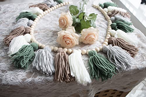 Tassel Garland - Boho Tassel Garland with Wood Beads - Wall Decor for Dorm, Girls Room and Nursery Room - Olive Green (50 inch) - size: 50 inch