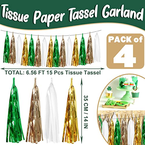 4P Sage-Green Beige-Mint Gold Foil Fringe Metallic Tassel Garland Banner, Tassels Banner Streamers for Parade Floats, Bachelorette, Wedding, Birthday, Christmas, Bridal/Baby Shower Party Decorations - color: Green White Gold Champagne