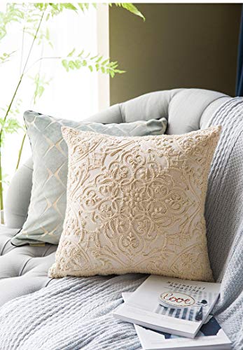 DOKOT Embroidery Throw Pillow Covers Square Cushion Case 100% Cotton with Zipper for Home Decorative 20x20 inches(50x50cm) Beige - size: 20" x 20" (Pack of 1)