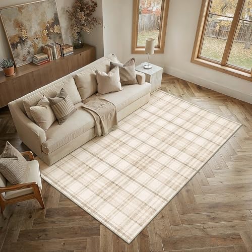 5x7 Beige Area Rug for Living Room Bedroom Machine Washable Low Pile Checkered Carpet Modern Accent Soft Non Slip Rug for Dining Room Nursery Office Indoor - color: Beige, size: 5' x 7' (Rectangular)