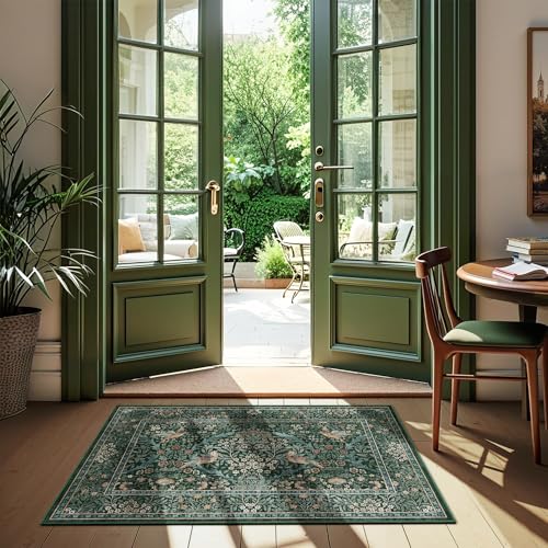 2x3 Floral Washable Area Rug for Entryway, Vintage Boho Rugs for Living Room Bedroom Dining Room, Botanical Birds Non Slip Low Pile Forest Animal Throw Carpet for Farmhouse Office, Retro Green/Blue - color: Dark Green (Larger Pattern), size: 2' x 3' (Rect
