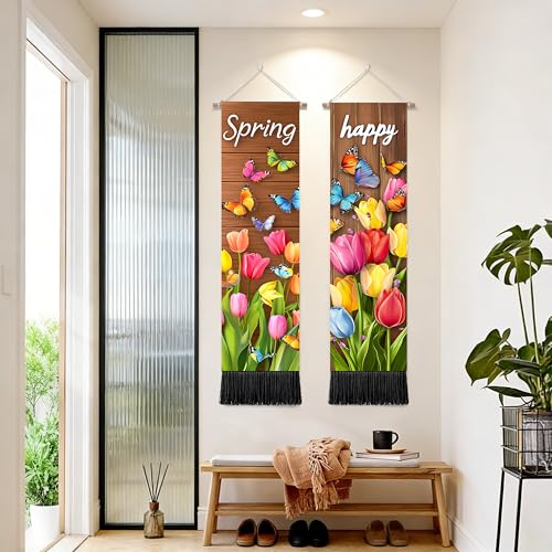 seewan 2 Pack Long Vertical Wall Tapestry, Boho Nature Landscape & Floral Aesthetic Wall Hanging for Bedroom Living Room Home Decor, Long Narrow Art Tapestry with Sunrise Mountain Botanical Designs, 13" × 51" (Spring Tulip Meadow, 13"Wx51"H, Unframed) - c