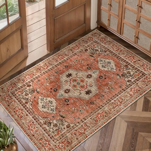 Boho Small Area Rug, 2x3 Washable Rug for Entryway, Vintage Throw Rug Oriental Non Slip Indoor Front Door, Distressed Terracotta Door Mat Carpet, Soft Low Pile Rugs for Entrance Kitchen Bedroom - color: Terracotta/Tan, size: 2' X 3' (Rectangular)
