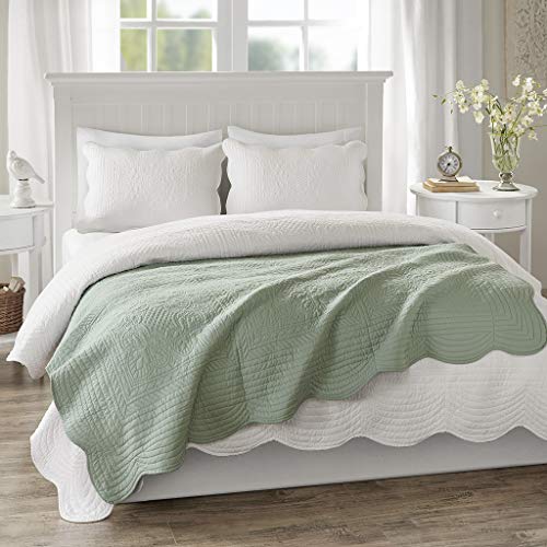 Madison Park Luxe Quilted Throw Blanket - Damask Stitching Design, Cotton Filled Spread, Ultra Soft, Cozy Bedding for Living Room Couch, Sofa, Bed, 60x72", Scalloped Borders Seafoam - color: Scalloped Edges Seafoam, size: 60"x72"