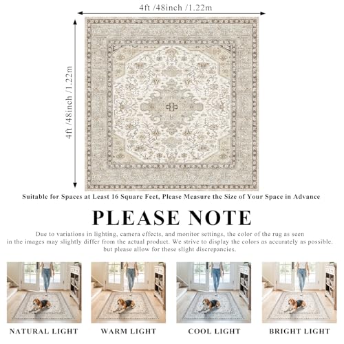 4x4 Rug Square Washable for Entryway: Oriental Area Rugs for Kitchen- Ultra Thin Low Pile Stain Resistant Carpet - Home Decor for Vintage Style Lover Pet Owner - 4' Square Ivory - color: Ivory, size: 4' x 4' (Square)