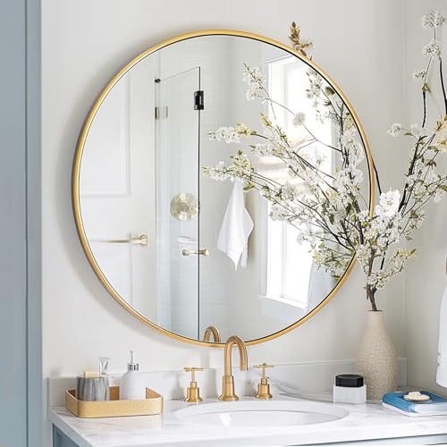 Sunniry Gold Round Mirror, 24 inch Circle Mirror, Gold Brushed Metal Frame Bathroom Mirrors, Round Wall Mounted Mirrors for Bathroom, Hallway, Living Room, Bedroom. - color: Gold, size: 24"L x 24"W