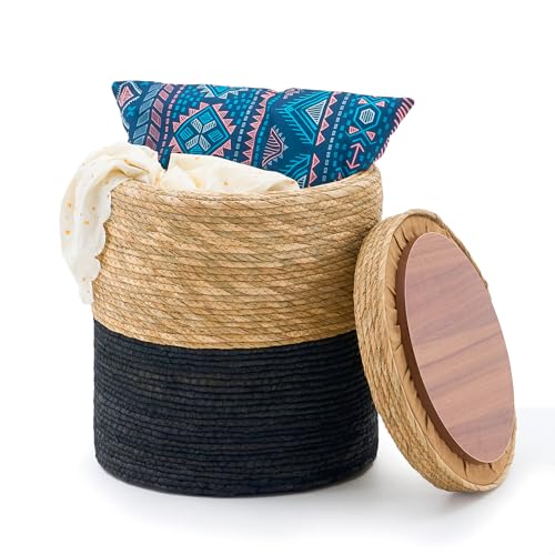 Wimarsbon Storage Pouf Ottoman, Hand Weaving Natural Straw Foot Stool, Bohemian Round Patio Ottomans, Rustic Lounge Pouffe, Outdoor Extra Seat for Garden (14inch Cattail+Black Corn Husk L) - color: 14inch Cattail+black Corn Husk L