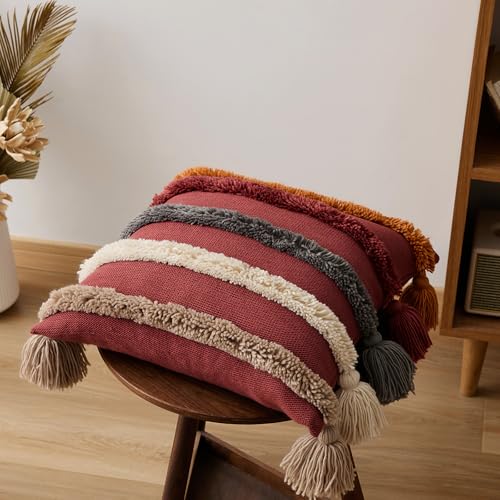 Bohemian Decorative Throw Pillow Cover, 17.7x17.7 inches, Rainbow Striped Tufted with Tassels, Acrylic (A2) - color: A2