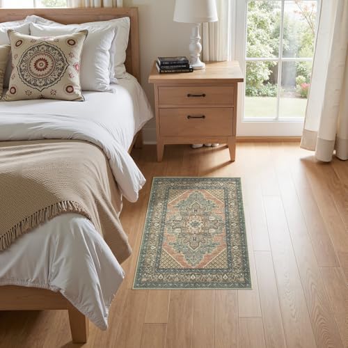 Tortania Area Rug 2x3 Doormat - Washable Vintage Oriental Farmhouse Soft Thin Indoor Carpet for Living Room Bedroom Hallway Entryway Kitchen - Sage Terracotta - color: Sage Terracotta, size: 2' x 3' (Rectangular)