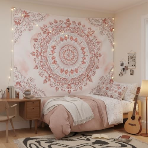 Accnicc Pink Floral Mandala Tapestry Wall Hanging Boho Medallion Tapestry Aesthetic Watercolor Flower Cute Extra Large Tapestries for Bedroom Living Room Dorm Decor 90 x 68 Inch - color: Light Pink, size: 90"L x 68"W