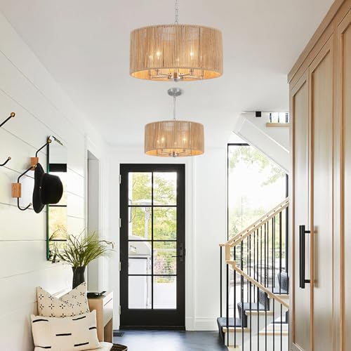 Rattan Chandelier for Dining Room, 5-Light Large Farmhouse Chandeliers Hand Woven Boho Pendant Light Fixture, 19'' Brushed Nickel Wicker Chandelier for Foyer Hallway Bedroom Kitchen Living Room - color: 5-Light Nickel