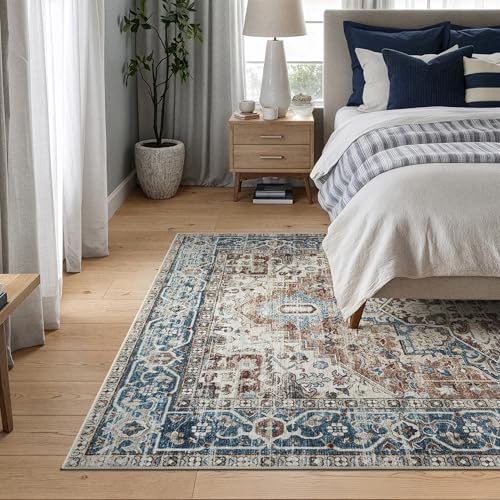 Bloom Rugs Caria Washable Non-Slip 5x7 Rug - Terracotta/Blue Traditional Area Rug for Living Room, Bedroom, Dining Room, and Kitchen - Exact Size: 5' x 7' - color: Terracotta / Blue, size: 5' x 7' (Rectangular)