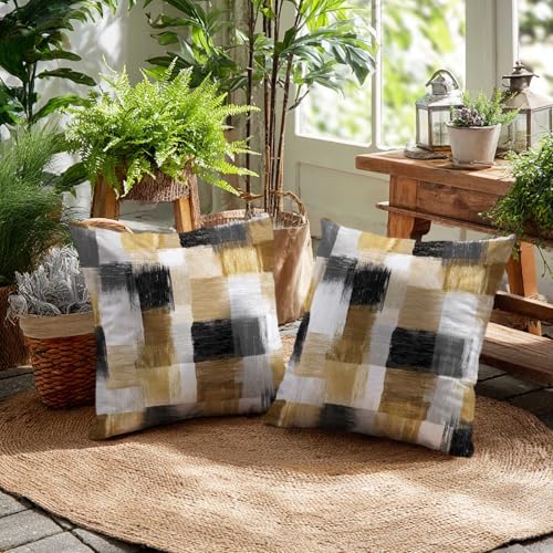 Black Gold Abstract Throw Pillow Covers 18x18 Inch, Set of 2 | Modern Geometric Brush Stroke Square Cushion Cases for Couch Sofa Bedroom | Contemporary Neutral Home Decor Pillowcases - color: Gingham Gold