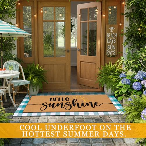 Tinideya 2 Pcs Summer Door Mat 17"x47" Hello Sunshine Welcome Non Slip Coir Blue White Plaid Buffalo Mats Large Floor Layering Doormats Seasonal for Front Porch Entryway Decor(Hello Sunshine)