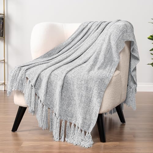 PAVILIA Light Gray Chenille Throw Blanket for Couch, Sofa Bed - Soft Knit Woven with Tassel, Decorative for Chair Living Room - Light Grey 50x60 - color: Light Grey, size: 50 X 60 Inches - Throw