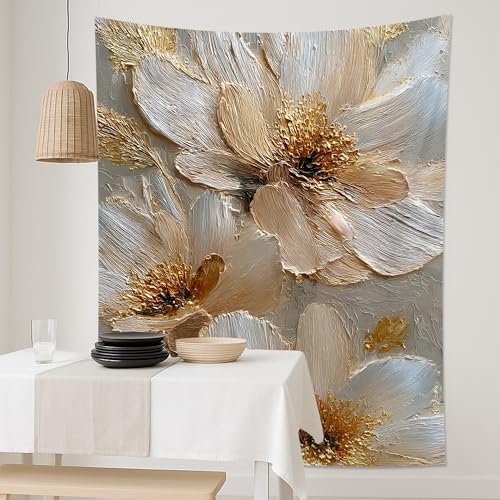 Elegant Beige Floral Tapestry, Textured Wall Hanging for Living Room, Bedroom, Bohemian Decor, Perfect for Home and Dorm 70x90 Inch - size: 70x90 Inch