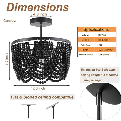 Black Boho Chandelier,Wood Beaded Chandelier Light Fixture, 12.6 inch Bohemia Draped Bead Flush Mount/Semi Flush Mount Ceiling Light Fixture for Dinning Room Bedroom Hallway - color: Black 12.6"