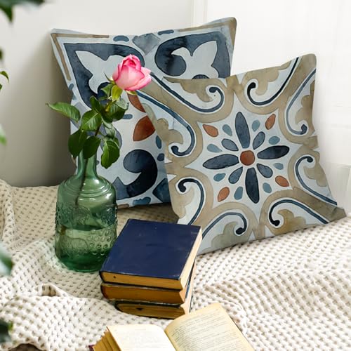 Boho Pillow Covers - 18x18, Watercolor Boho Vintage Retro Floral Mandala Linen Throw Pillow Covers Set of 4, Decorative for Living Room, Bed, Outdoor