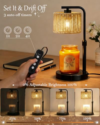Candle Warmer Lamp, Timer Dimmable Candle Lamp, Adjustable Height and Brightness Black Candle Warmer, Boho Rattan Lampshade and 2 Bulbs, Suitable for Home Decor, Birthday Gifts for Women Mom - color: Rattan-Black