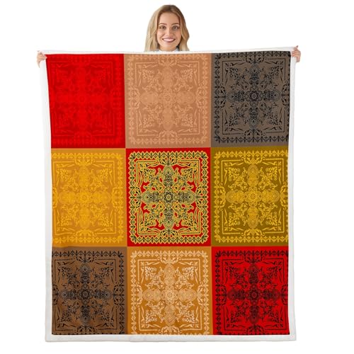 Feelyou Boho Fleece Throw Blanket Queen 90"x90" Vintage Aztec Print Plush Sherpa Blanket Southwesten Bohemia Orange Yellow Room Decor - color: Orange Yellow, size: Queen