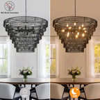 39.4" Large Rattan Chandelier, 15-Light Black Boho Woven Wicker Chandeliers, 7-Tier Rustic Farmhouse Drum Light Fixture for Dining Room, Kitchen, Living Room, Entryway, E12 - color: Black 39IN