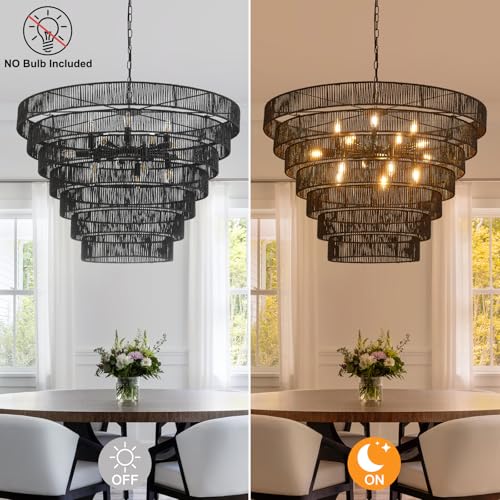 39.4" Large Rattan Chandelier, 15-Light Black Boho Woven Wicker Chandeliers, 7-Tier Rustic Farmhouse Drum Light Fixture for Dining Room, Kitchen, Living Room, Entryway, E12 - color: Black 39IN