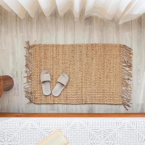 HOMEMONDE Handwoven Chunky Jute Mat Rug 2'x3' with Tassels - Boho Home Decor Natural Rustic Farmhouse Door Rug, Ideal for High Traffic Areas - Entryway, Bedroom, Kitchen, Living Room and Hallway - size: 2' x 3' (Rectangular)