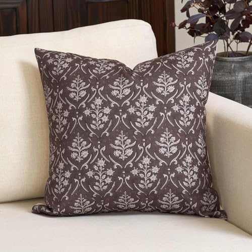 Amor Virisso Floral Pillow Covers 18x18 Inch Farmhouse Block Print Pillow Cover Accent Square Neutral Modern Decorative Throw Pillow Covers for Living Room Couch Bed Sofa Chair, Dark Brown - color: Dark Brown, size: 18" x 18" (Pack of 1)