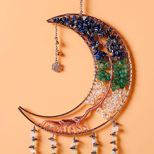 Agate Gemstone Dream Catcher 7 Chakra Tree of Life Dream Catcher with Rainbow Crystal Stones Handmade Dreamcatcher Wall Decor for Adults Boys Girls,Bedroom,Wedding,Garden,Bless Gift(Blue&Green Moon) - color: Blue+green Moon Agate