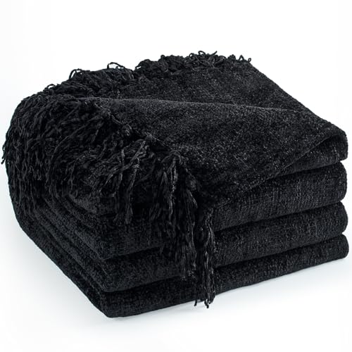 Chenille Throw Blanket for Couch 50"X 60", Soft Cozy Throws with Fringe Tassel for Bed Sofa Chair Cover, Lightweight Knitted Decorative Boho Blankets for Living Room, Black - color: Black, size: 50x60 inch