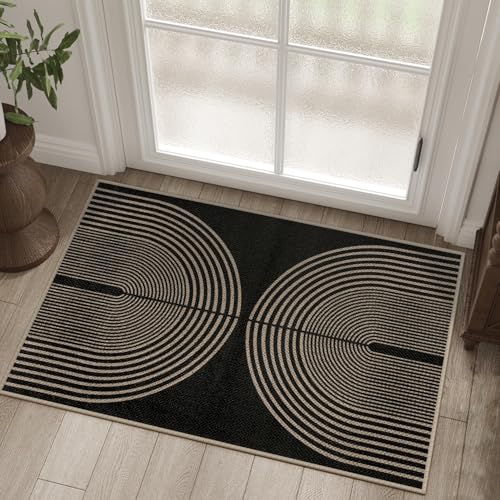Rugalia Easy Jute Rainbow Entryway Rug, 2x3 Black Washable Non-Slip Indoor Outdoor Doormat, Boho Farmhouse Small Kitchen Rug Modern Abstract Throw Rugs for Entrance Bedroom Bathroom - color: Black Rainbow, size: 2' x 3' (Rectangular)